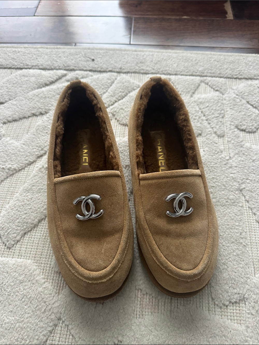 Chanel silver CC suede calfskin loafers size 36